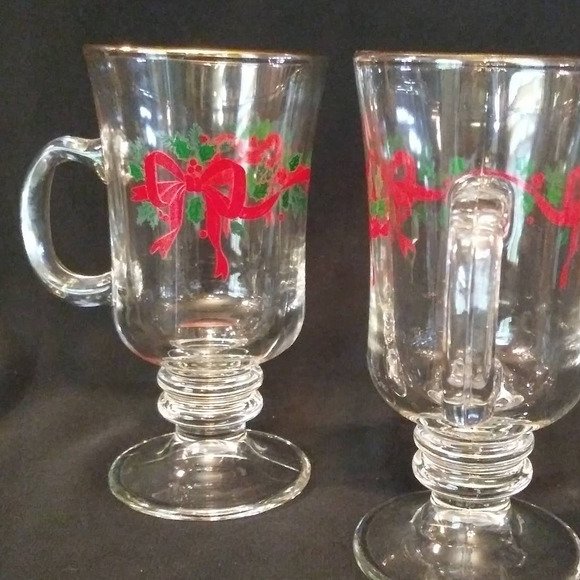 2 Vintage Libbey Clear Glass Pedestal Christmas Bow Irish Coffee Mugs Gold Trim - Picture 9 of 11